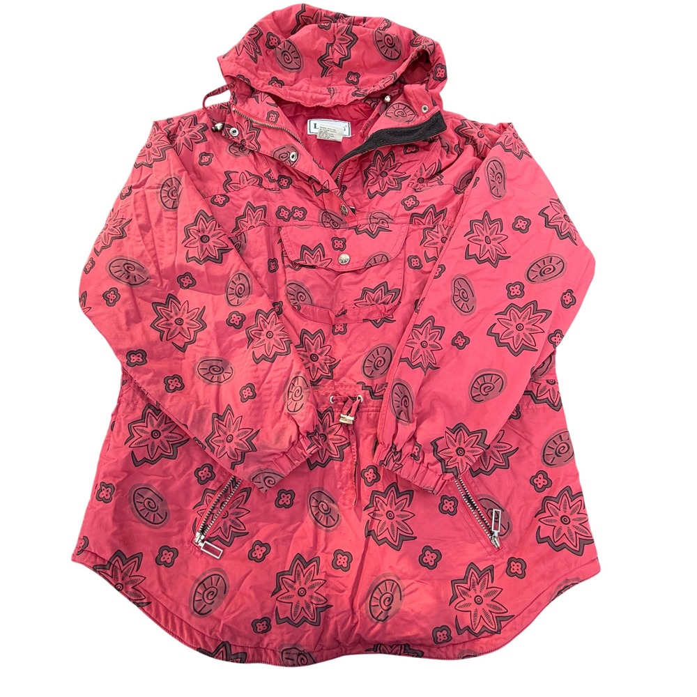 Vintage LL Bean Anorak Jacket Womens Large Red Floral Print Pullover Hooded